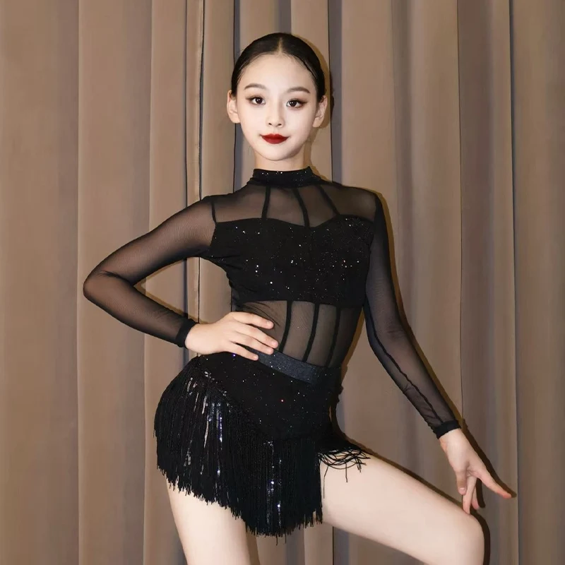 Robe de concours de danse latine pour filles, robe à franges à paillettes, maille noire, manches longues, vêtements de danse Cha Cha, robe de spectacle