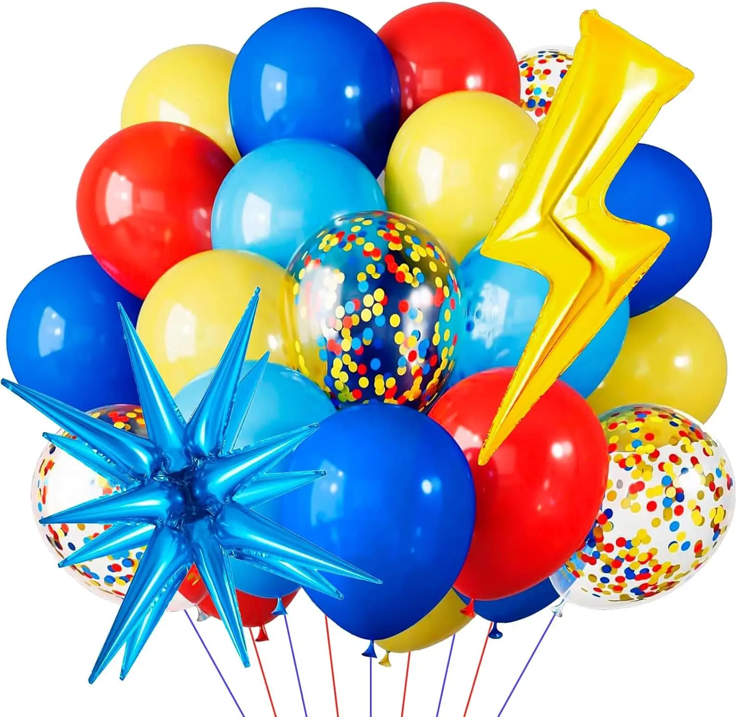 27 Stück rot-blau-gelbe 12-Zoll-Luftballons mit Blitz und Stern für Kindergeburtstagsfeiern Image