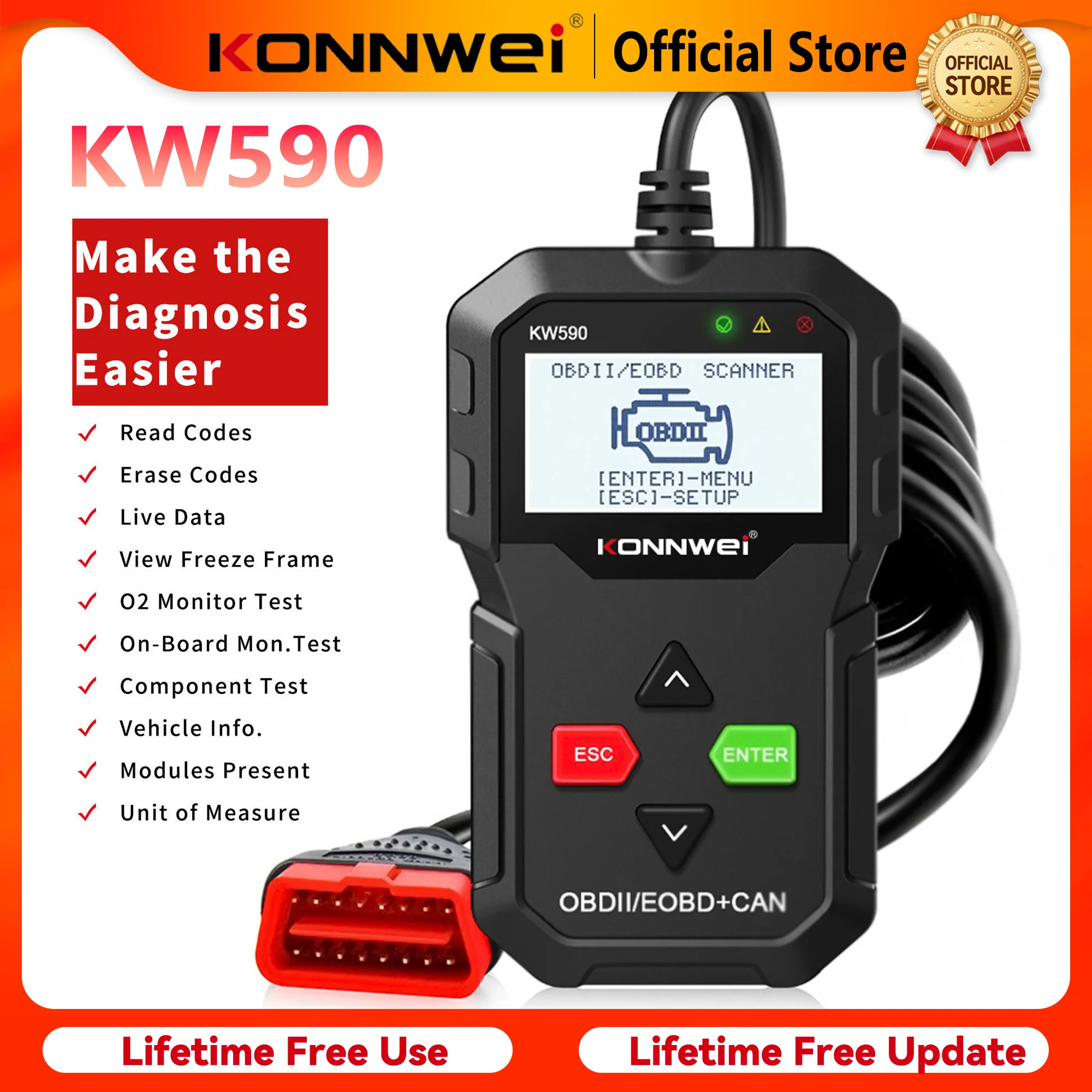 Lecteur de codes OBD2 KONNWEI KW590 2026 – Outil de diagnostic automobile OBDII pour la lecture et l