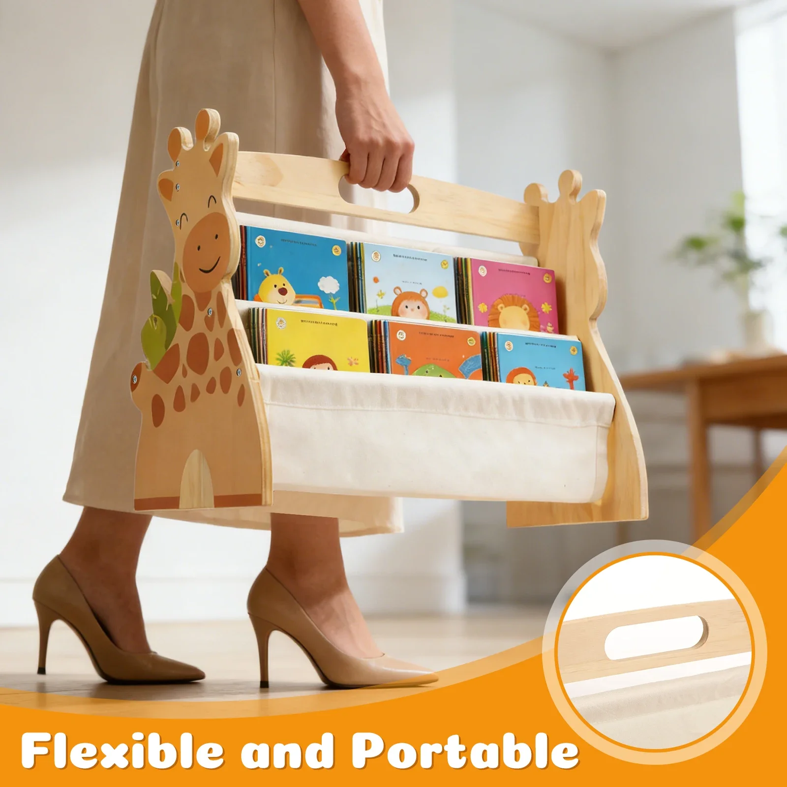 Kinder-Bücherregal Doppelseitig 4-stufig Tragbares Holz-Kleinkindregal Montessori Bücherregal Aufbewahrungshalter für Zimmer Kinderzimmer Schlafzimmer Spielzimmer