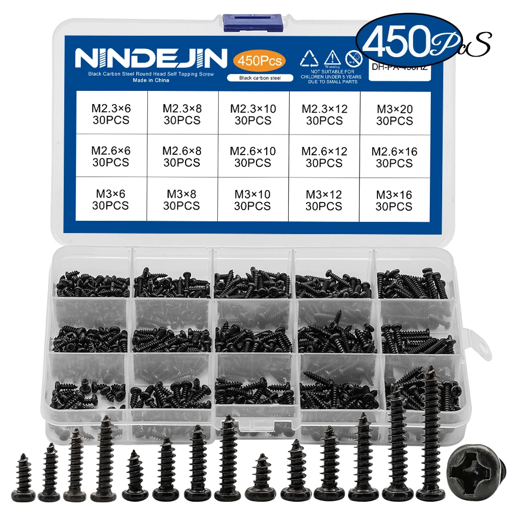 450 Stück/Set Schwarz Beschichtete Rundkopf-Blechschrauben Set M2.3 M2.6 M3 Kohlenstoffstahl Computer-Minischrauben Phillips-Schrauben-Kit Image