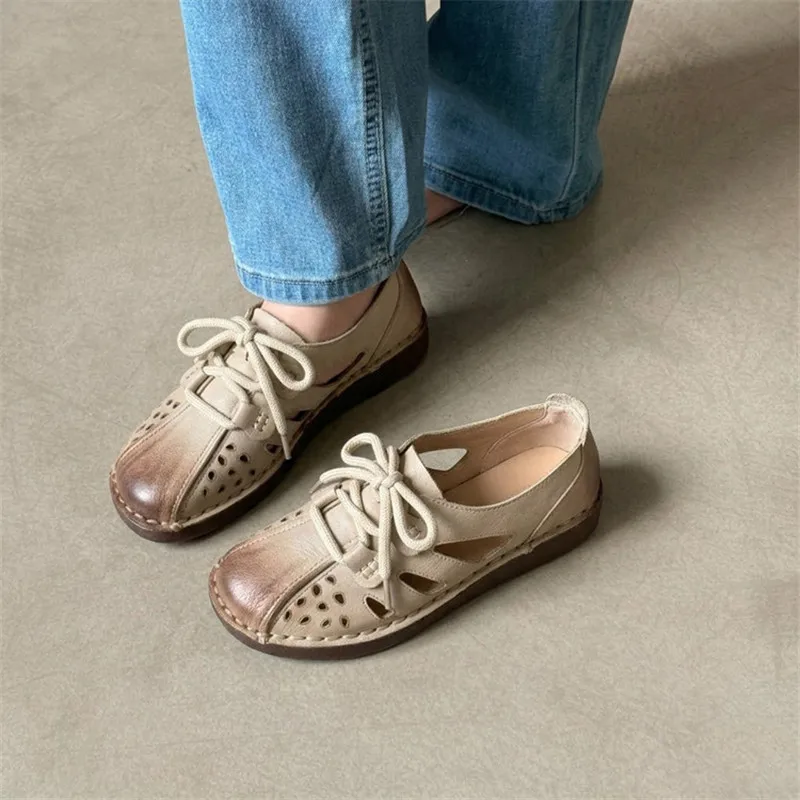 Nouvelles chaussures pour femmes printemps/automne, chaussures à bout rond pour femmes, chaussures pour femmes à la mode, chaussures pour femmes ajourées, chaussures à talons bas faites à la main,