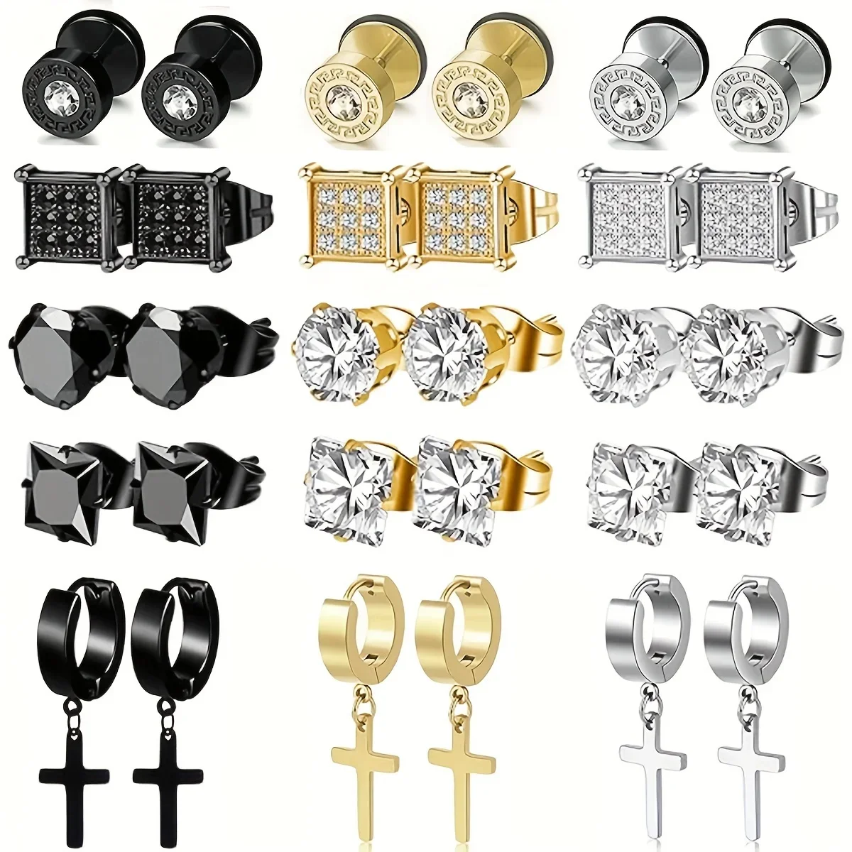 15 Paar Edelstahl-Ohrringe, Kreuz-Ohrringe mit Scharnier, Zirkonia-Ohrstecker für Männer, Ohrpiercing-Schmuck Image