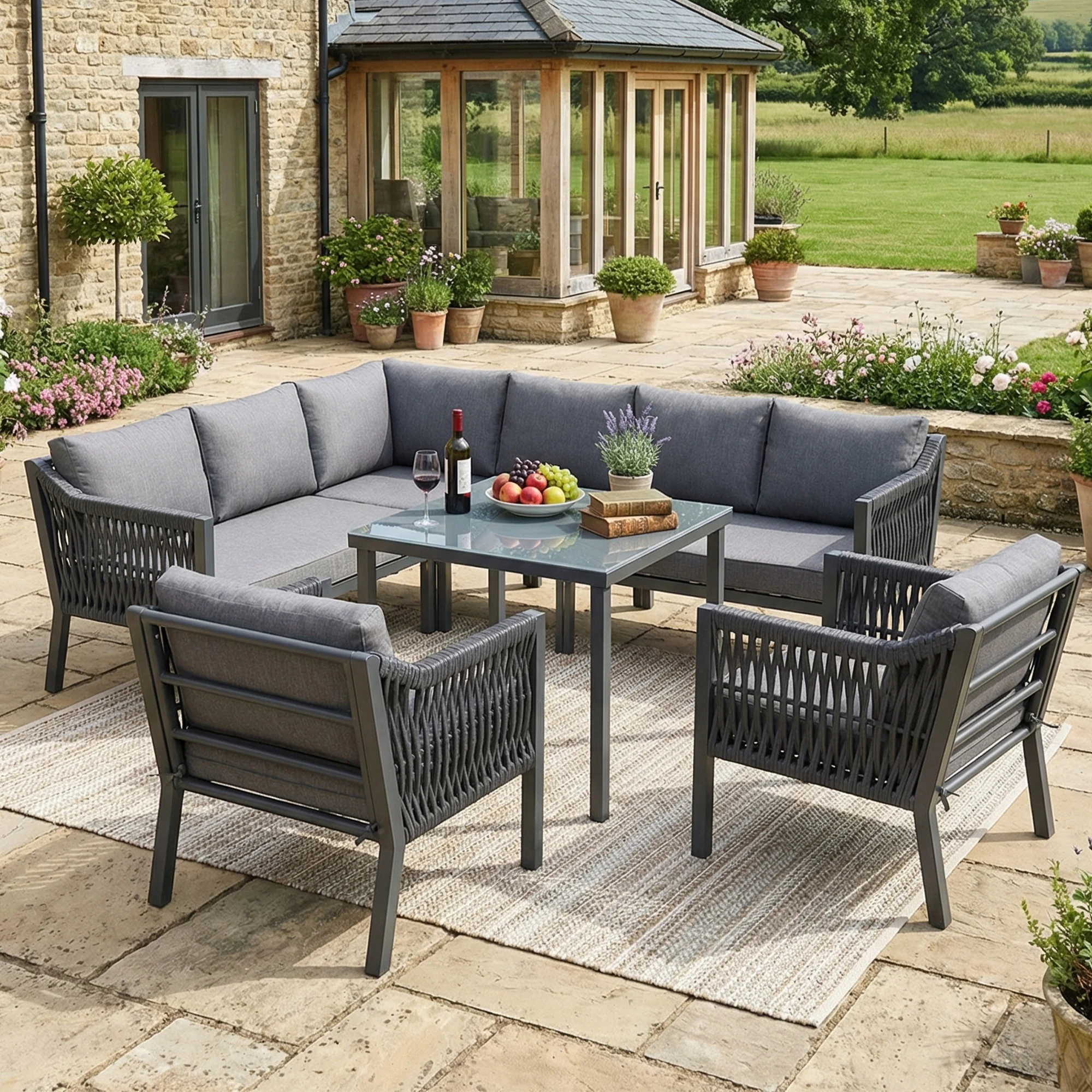 8-Personen Garten-Essgruppe, Verzinktes Eisen & Glas, Handgewebtes Seil, Inklusive Tisch, 2 Armlehnstühle & Ecksofa - Grau.