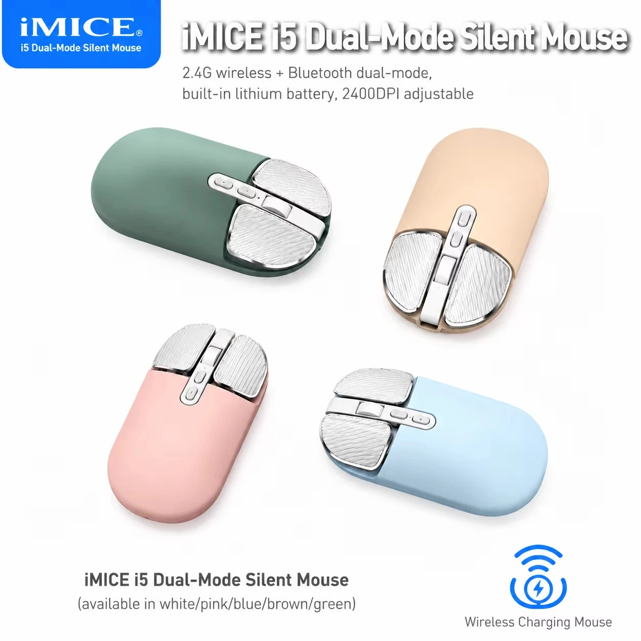 2400DPI kabellose Bluetooth 5.0/2.4G wiederaufladbare, leise Maus, 5-Tasten-DPI-einstellbare Maus mit ergonomischem Design für Laptop, PC, Büro Image