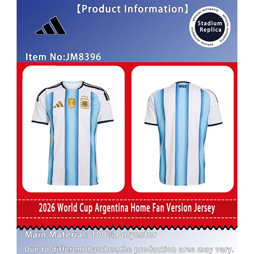 Maillot de football unisexe à manches courtes à séchage rapide, version fan domicile de l'équipe nationale d'Argentine, Coupe du Monde 2026, Adidas, JM8396