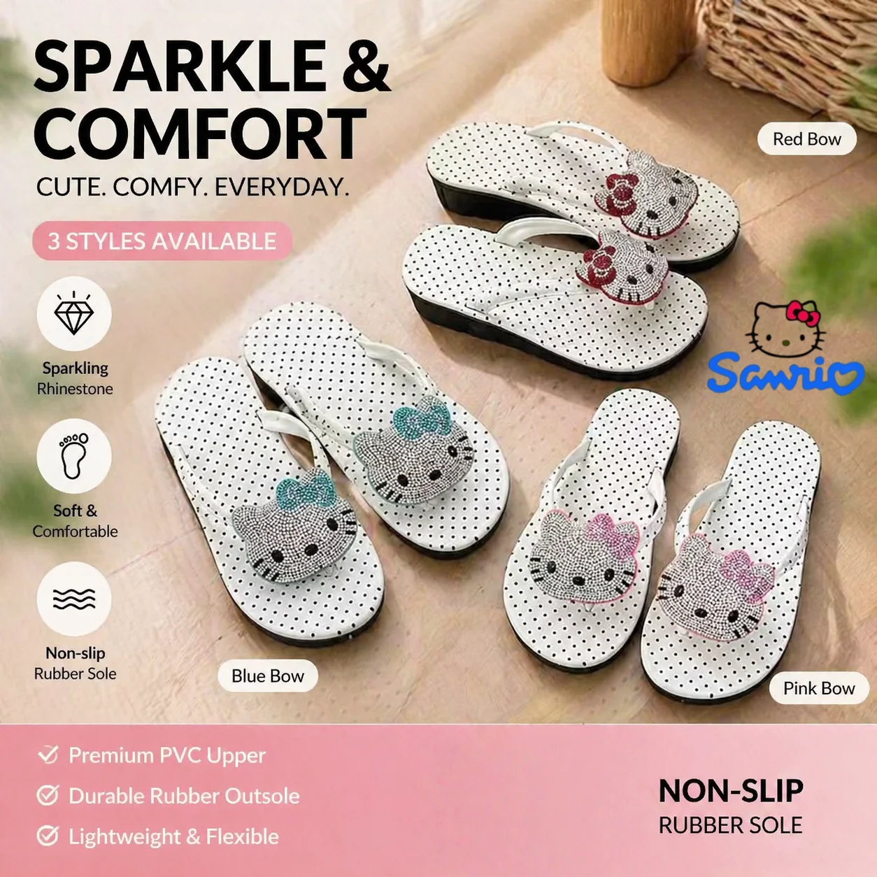 Sanrio Hello Kitty Keilabsatz-Flip-Flops für Damen und Mädchen, Sommer-Hausschuhe, gepunktete Strandsandalen, glitzernde Strass-Schuhe, Gummisohle, Komfort