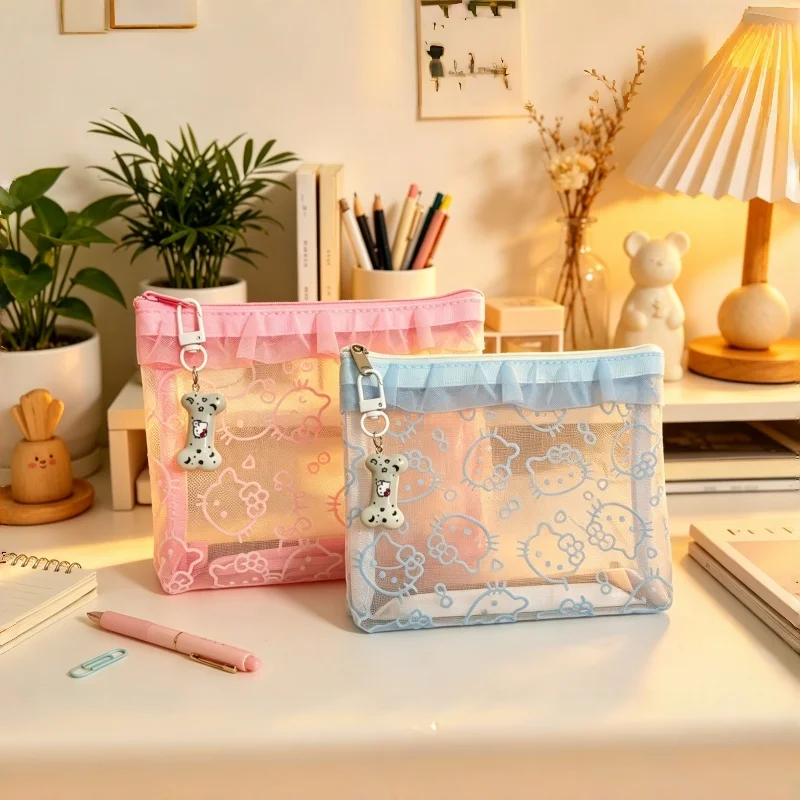 Kawaii Rüschen-Spitzen-Cartoon-Aufbewahrungstasche, transparente, sichtbare, tragbare Reißverschlusstasche, Make-up-Organizer für kleine Gegenstände, Handtasche für Mädchen Image