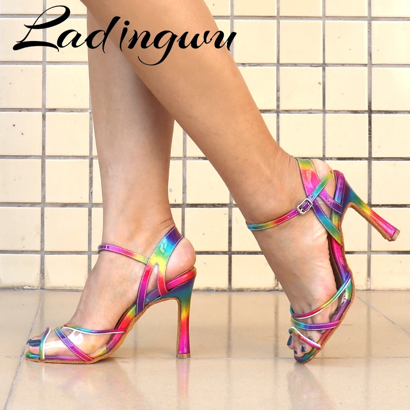 Ladingwu-Chaussures de danse de tango pour femmes et filles, chaussures de salsa latine, chaussures de danse de patrouille, arc-en-ciel, PU, noir, design unique, marque chaude