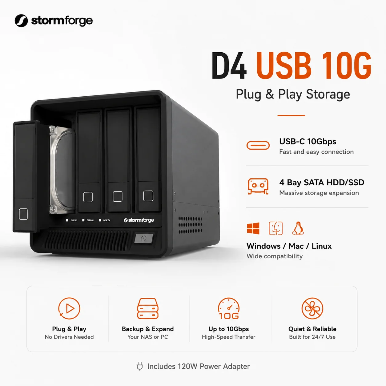 Stormforge D4 4-Bay Festplattengehäuse USB-C 10Gbps 8643 SATA HDD SSD Speicherbox für NAS Mac Mini Windows Linux Image