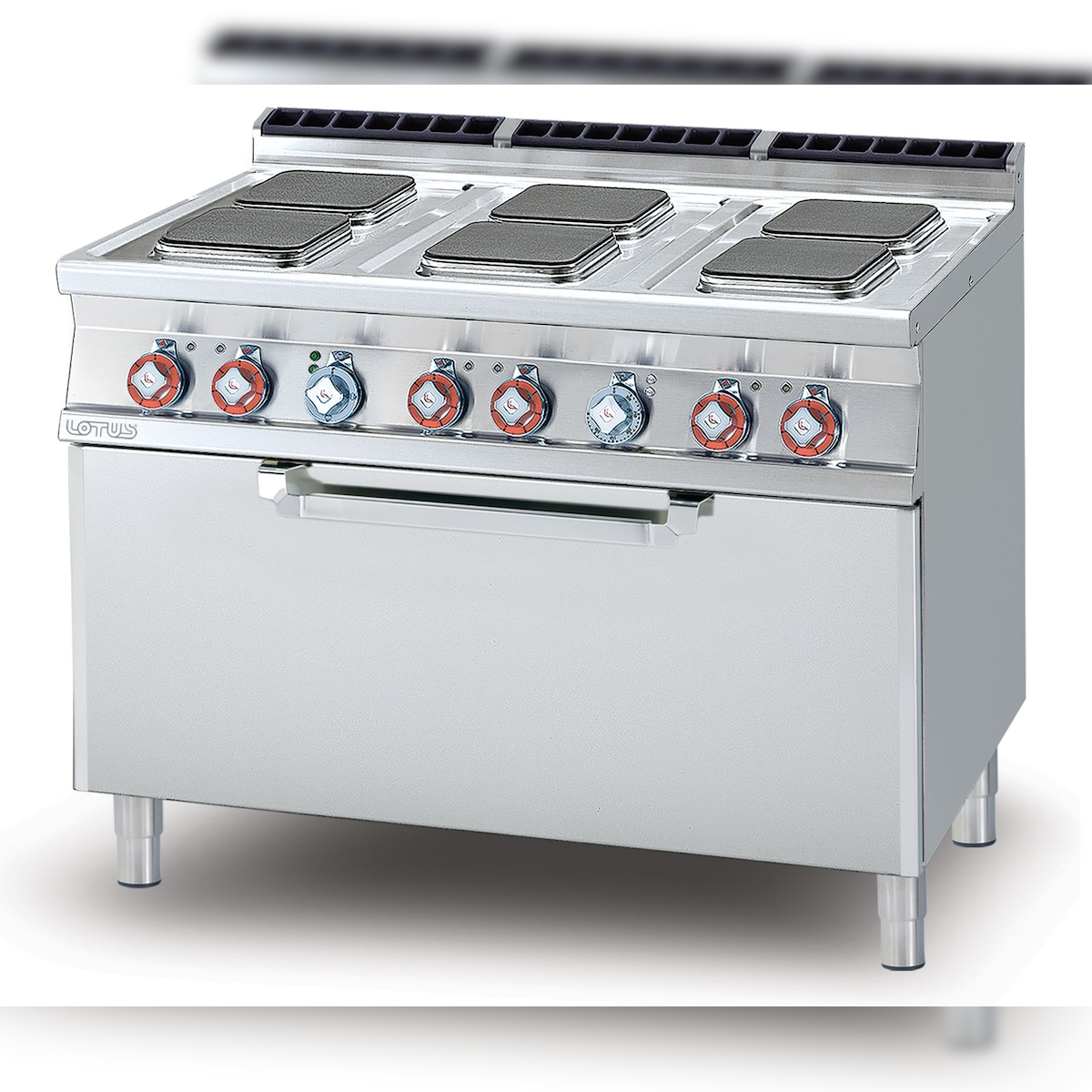 Elektroherd 6 quadratische Platten mit statischem Elektrobackofen. Struktur aus rostfreiem Stahl. Abmessungen 120x70,5 h90 cm. Modell CFQ6-712ET Image