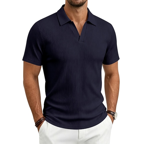 Herren Poloshirts Rippenstrick-Top Lässig Geschäft Revers Kurzarm Basic Modern Einfach Leicht Knöpfe Sommer Frühling Schwarz Weiß Burgunderrot Marineblau Khaki Dunkelgrau Poloshirts Image