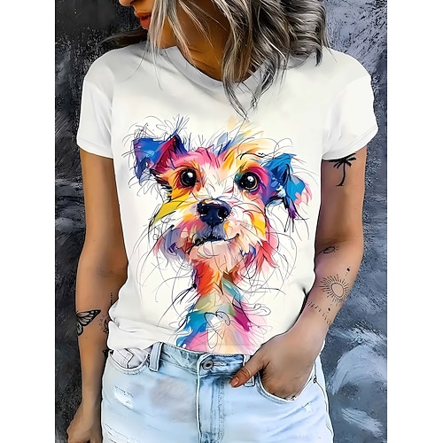 Damen T Shirt Druck Grafik Tiermotiv Hund Stilvoll Klassisch Lässig Kurzarm Rundhalsausschnitt Normale Oberteile Lässig Täglich Blau Gelb Regenbogen Sommer Frühling