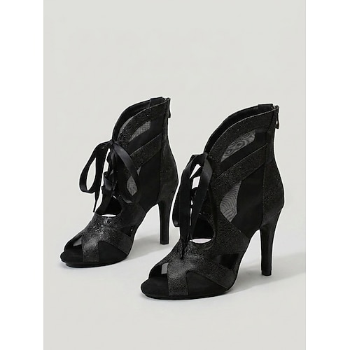 Silberne Damen-Tanzstiefel für den Ballsaal – sexy Schnürschuhe mit hohem Absatz für lateinamerikanische Tänze wie Salsa, Tango und Bachata Bühnenperformance Image