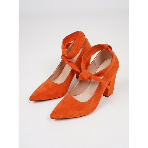Bequeme, pinkfarbene Wildlederpumps für Damen – elegante, spitze Blockabsätze mit Schleife am Knöchel für den lässigen Alltag. Büroarbeit Image