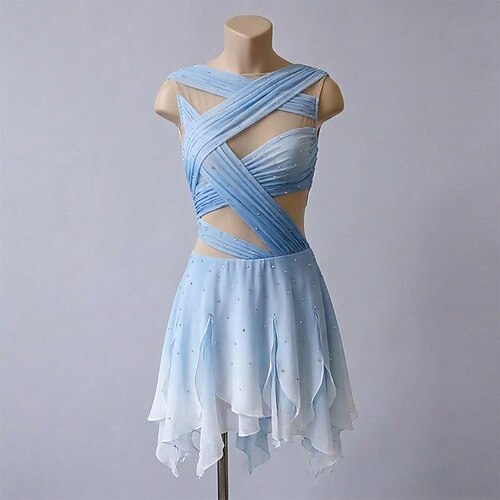 Eiskunstlaufkleid Damen Eislaufen Kleid Himmelblau Patchwork Offener Rücken Hohe Elastizität Training Wettbewerb Eiskunstlaufkleidung Klassisch Kristall / Strass Ärmellos Eislaufen Eiskundstlauf Image