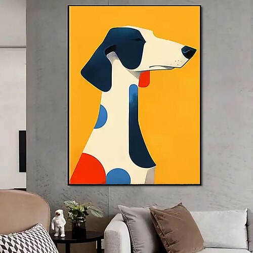 Handgemaltes, farbenfrohes Hundebild im originellen, minimalistischen Stil der Mid-Century-Moderne mit Tiermotiven – moderne abstrakte Tierkunst mit weißem Hund. Image