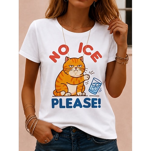 Damen T Shirt Druck Grafik Tiermotiv Katze Vintage Stilvoll Klassisch Kurzarm Rundhalsausschnitt Rundhals Normale Oberteile Lässig Täglich Wochenende Schwarz Weiß Weiß 2 Sommer Frühling Herbst Winter Image