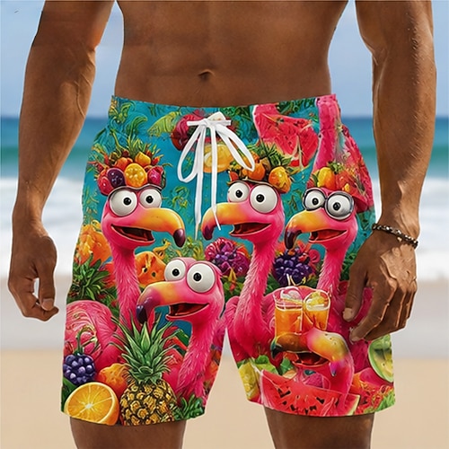Herren Flamingo Kokospalme Tropische Pflanzen Badehosen Badeanzüge Badeshorts Boardshorts Mittlere Taille Hawaiianisch Täglich Strandurlaub Seitentaschen Netzfutter Elastischer Kordelzug in der Taille Image