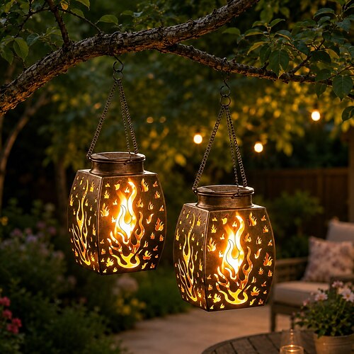 2 Stück wasserdichte Solarlaternen für den Außenbereich, hängende Gartenleuchten aus Metall mit flackerndem LED-Flammeneffekt, dekorative Laternen für Terrasse, Veranda, Garten, Baum, Weg, Halloween-, Image