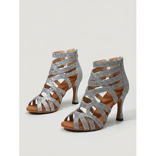 Damen-Sandalen mit fuchsiafarbenem Glitzer für lateinamerikanische Tänze – Salsa-Schuhe mit hohem Absatz und funkelnden Riemen für Bachata und Tango Gesellschaftstanz Image