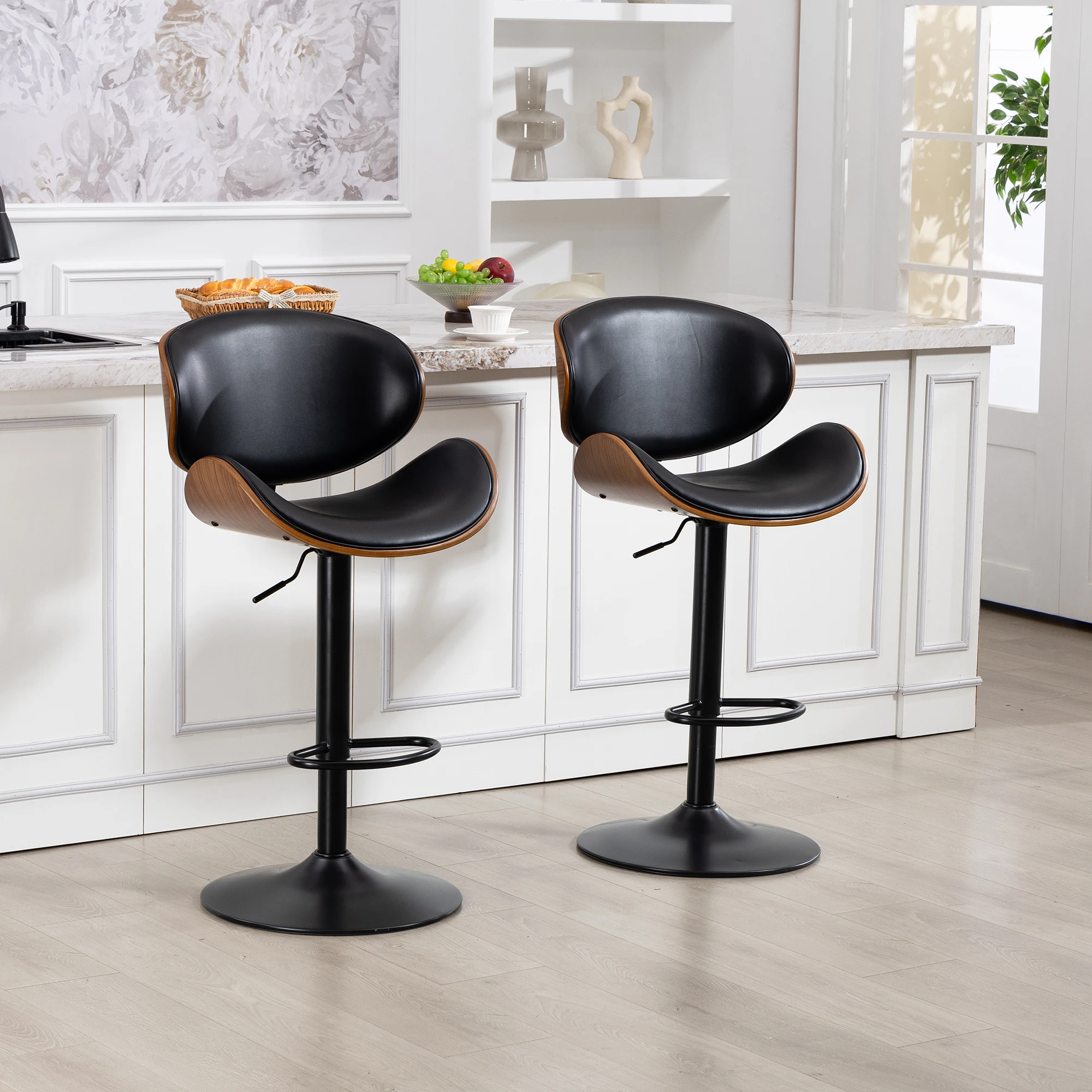 2er-Set Barhocker, 360° drehbar & höhenverstellbar, stabil, für Insel/Theke, Kunstleder - schwarz