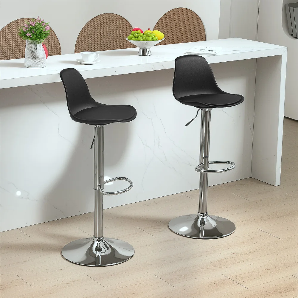Barhocker-Set, 2 Stück, gepolsterter Barstuhl mit Stahlgestell, Rückenlehne, höhenverstellbare Küchenstühle mit Fußstütze, 360° drehbar ° Drehbare Thekenhocker für Küche, Wohnzimmer, Esszimmer, Kunstleder schwarz