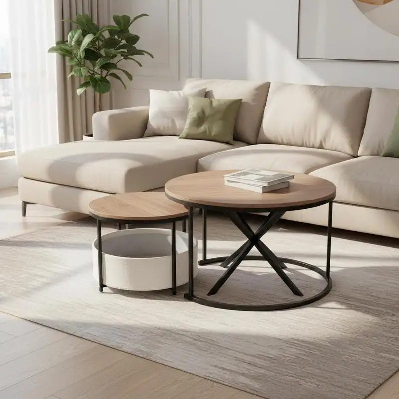 Runder Couchtisch im 2er-Set, runder Cocktailtisch mit Aufbewahrungskorb – Weiß Image