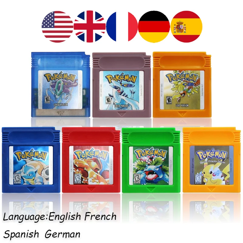 @ Pokemon Red Blue Crystal Golden Green Silver Yellow GBC Game Card 16 Bit Video Game Cartridge Console Cards For GB/SP