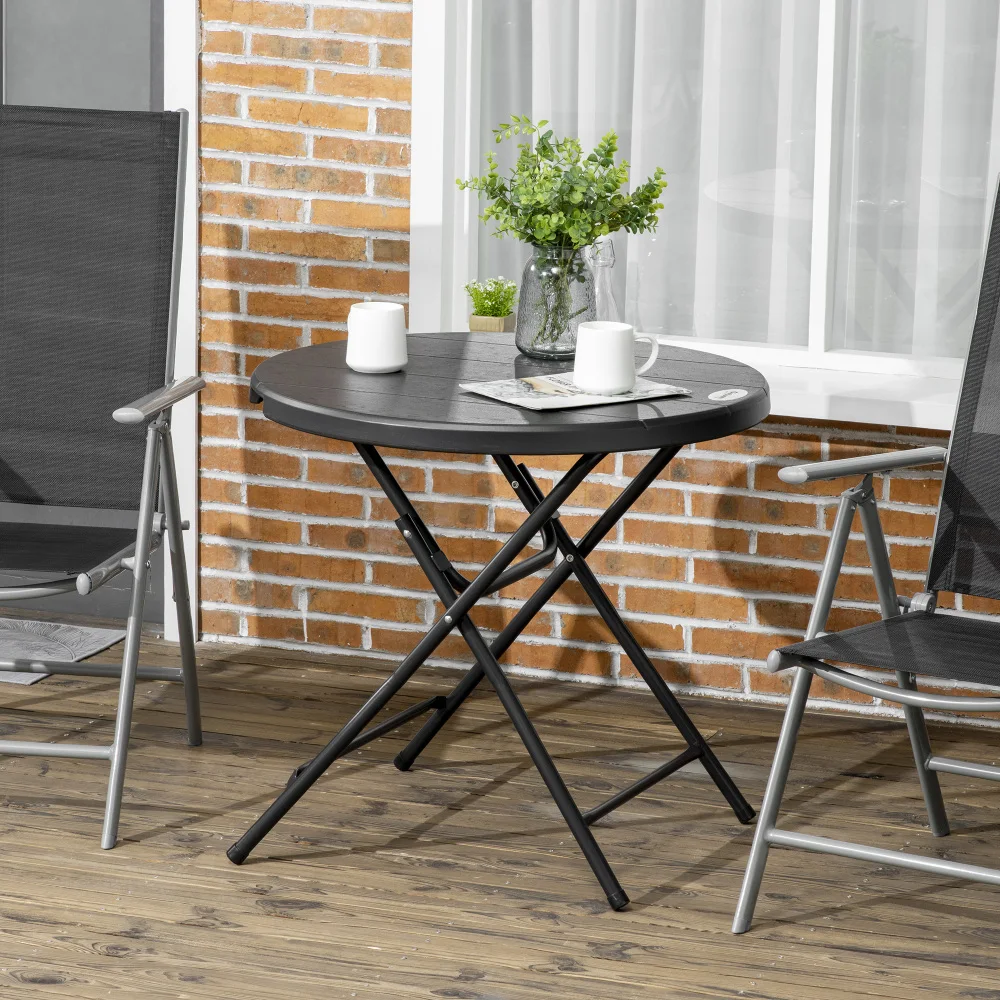 4-Sitzer runder klappbarer Gartentisch, 80 cm Durchmesser, Holzoptik, dunkelgrau