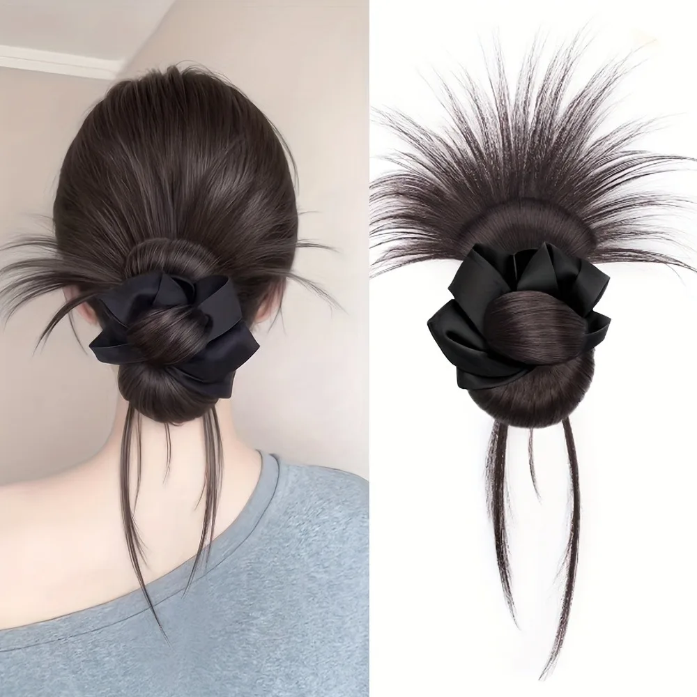 Synthetischer Haarknoten zum Anklipsen mit schwarzem Satinband, Naturschwarz, einfach zu tragen, elegantes Haar-Accessoire Image