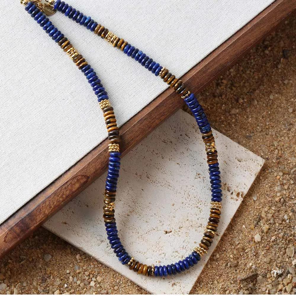 Natürliche Lapislazuli Tigerauge Stein Perlen Kette Mode Halskette für Frauen Titan Stahl Zubehör Wasserdicht Kragen Image