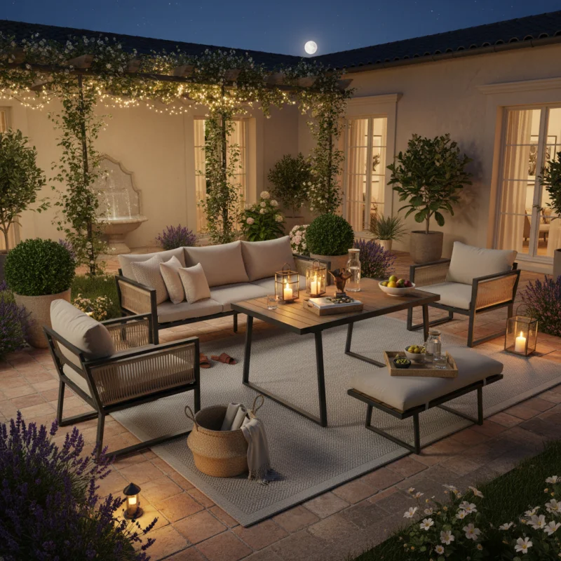 Ensemble de salle à manger de jardin, ensemble de fauteuils de jardin, 5 pièces Ensemble de meubles de jardin, canapé 3 places, 2 fauteuils, tabourets et table à manger, plateau de table en bois