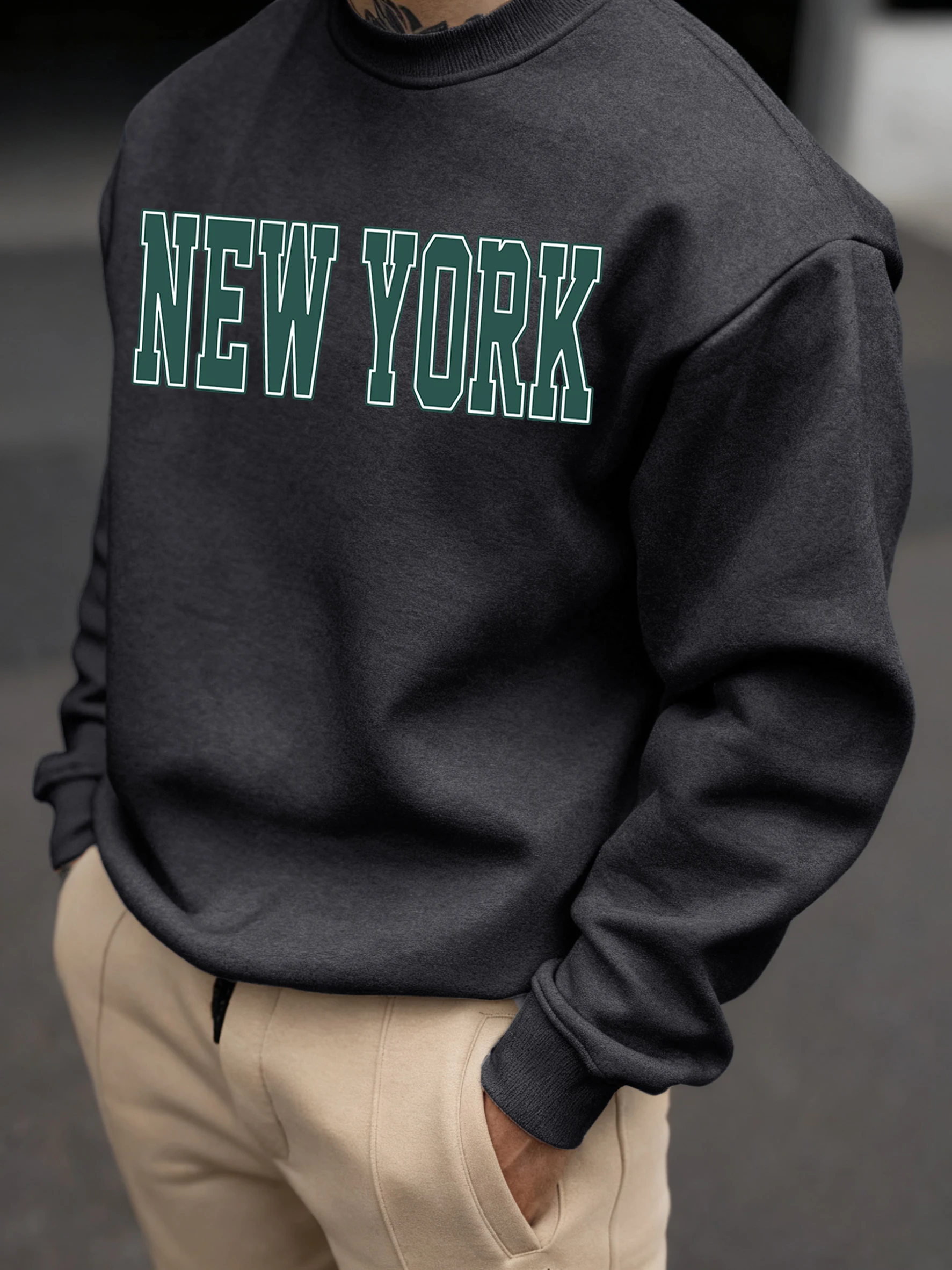 New York Art Letter Print Sweatshirt Herren Herbst Hip Hop Pullover Rundhalsausschnitt Fleece All-Match Top Unisex Loose Street Trainingsanzug