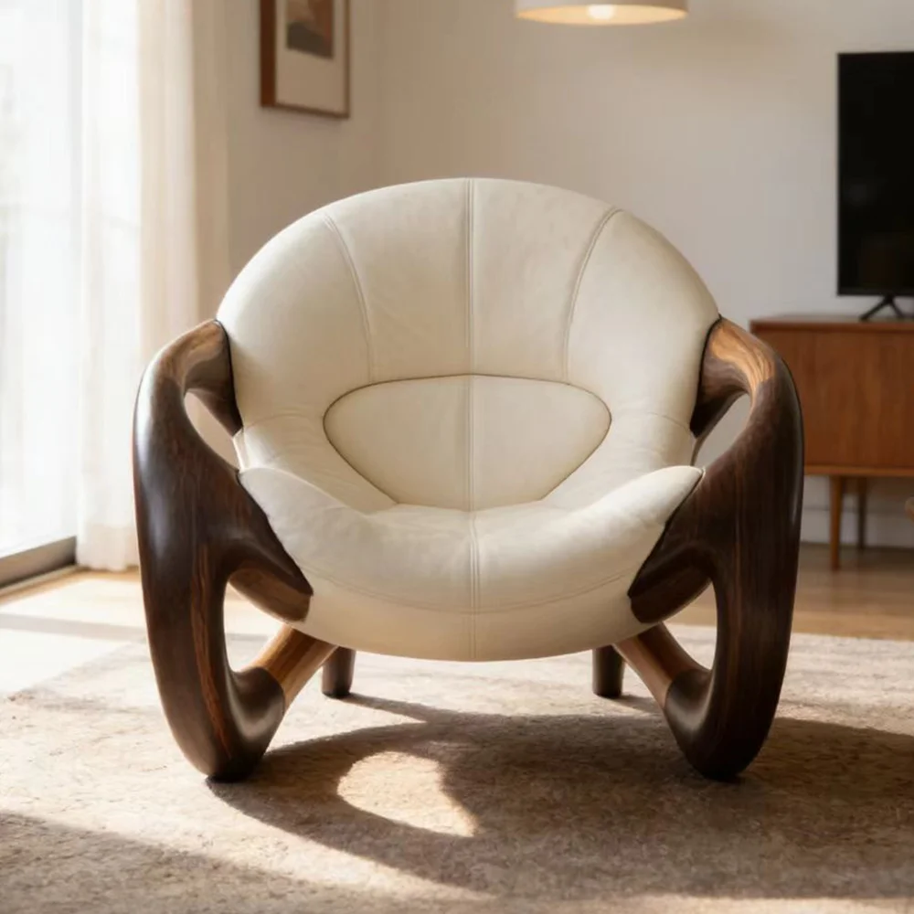 klModernes, luxuriöses Sofa aus massivem Holz, einzelner, geschwungener Ledersessel, Walnussrahmen, Wohnzimmer-, Villa- und Hotelmöbel!