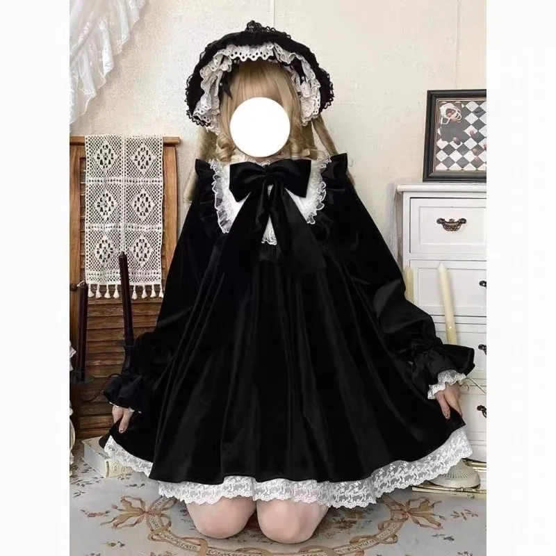 Französisches Lolita-Kleid mit Spitze und Schleife im Peter-Pan-Stil Süßes Niedliches Langärmliges Schwarzes Kleid Vintage Maxikleider für Damen Frühjahr Neue Kleidung