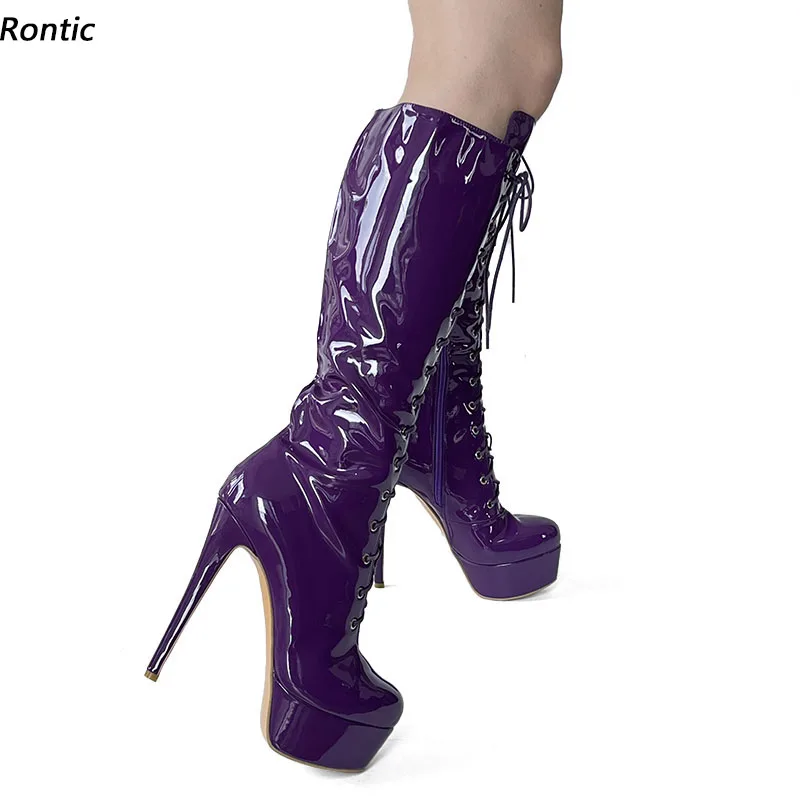 Rontic handgefertigte Damen-Winter-Kniestiefel aus Lackleder, sexy Stiletto-Absatz, runde Zehen, hübsche lila Partyschuhe, US-Größe 5–20