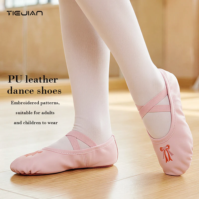 Tanzschuhe, bestickte PU-Lederschuhe für Kinder und Erwachsene, rosa Ballettschuhe mit weicher Sohle für Körperübungen Image