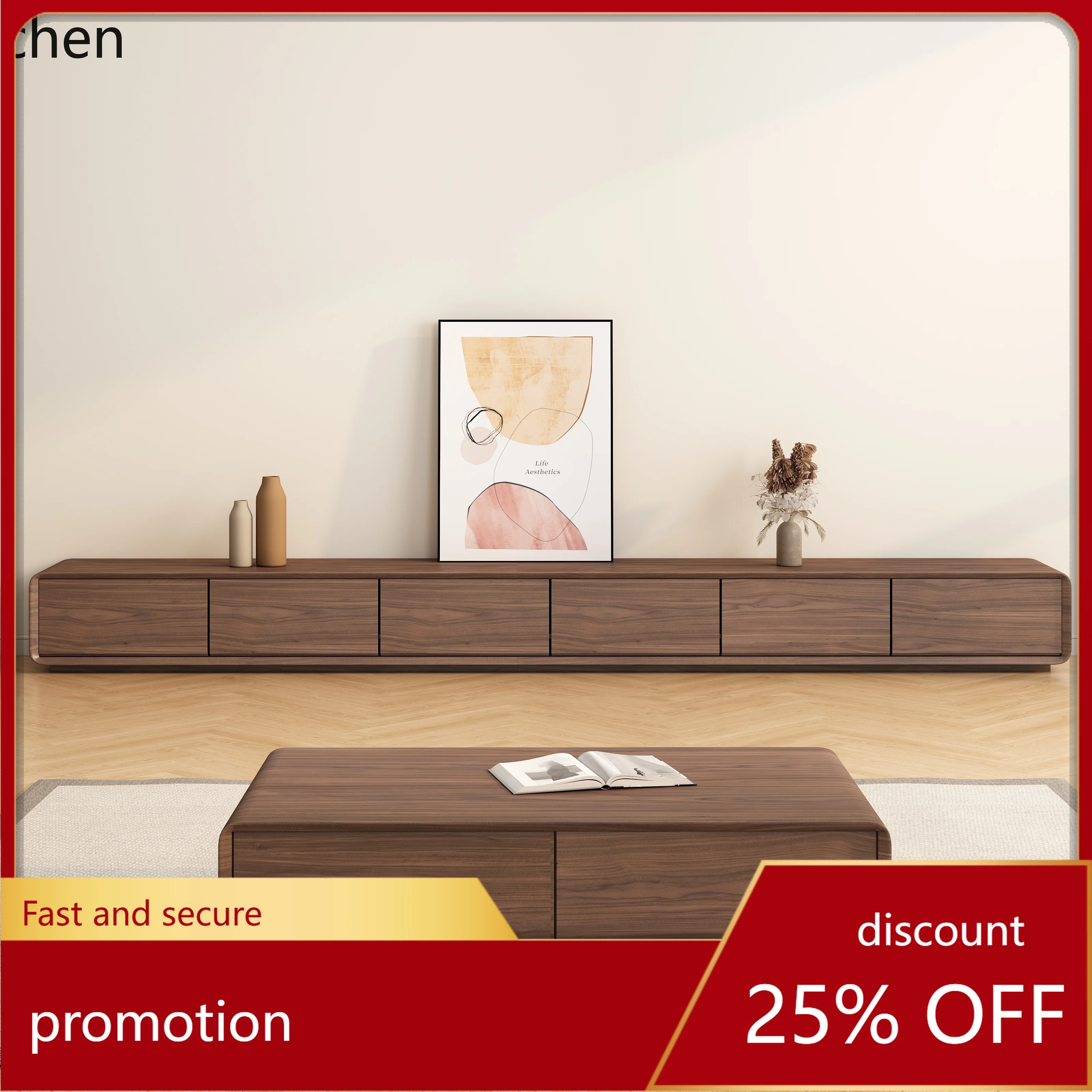 ZML Massivholz-TV-Schrank Couchtisch-Kombination aus schwarzem Nussbaum, wandmontierter TV-Schrank für Apartments Image