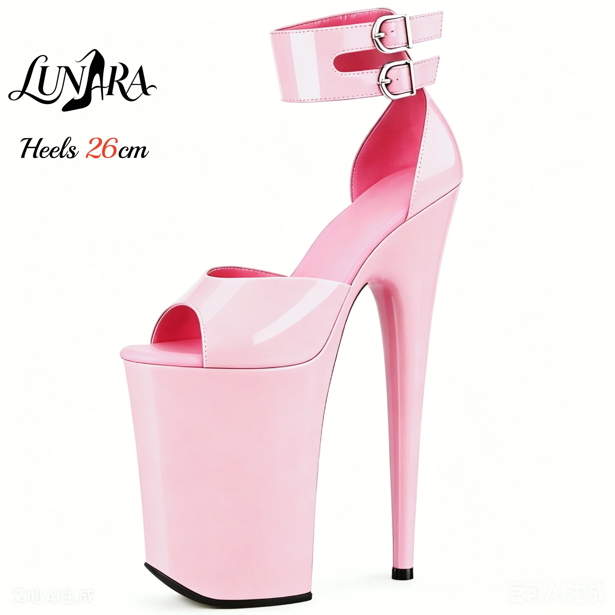 26cm/10 Zoll Rosa Lackleder Extrem Hohe Absätze Sandalen Knöchelriemen Offene Zehen Verstellbare Schnalle Rutschfest Sexy Nachtclub Damenschuhe