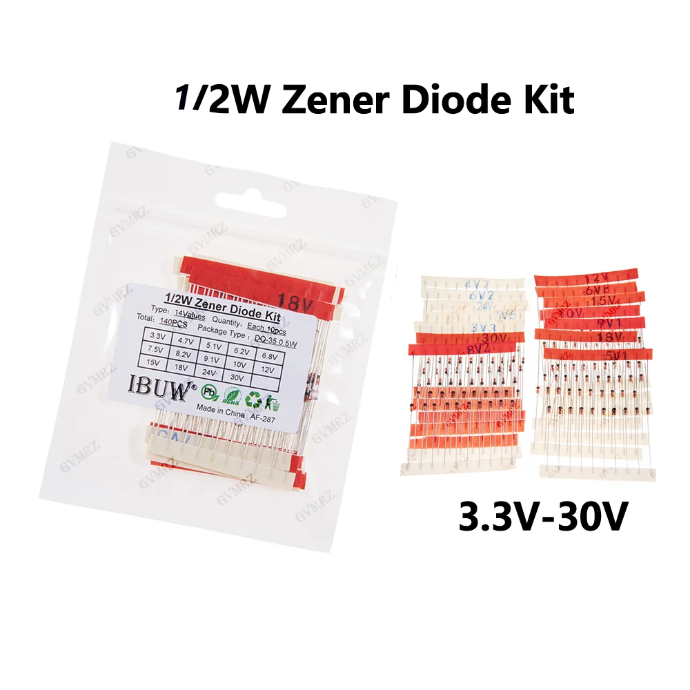 140-teiliges 14-Werte 1/2W Zener-Dioden-Set 3,3V-30V DO-35 0,5W für Spannungsregelung Elektronische Projekte 3,3V 15V 18V 24V 30V Image