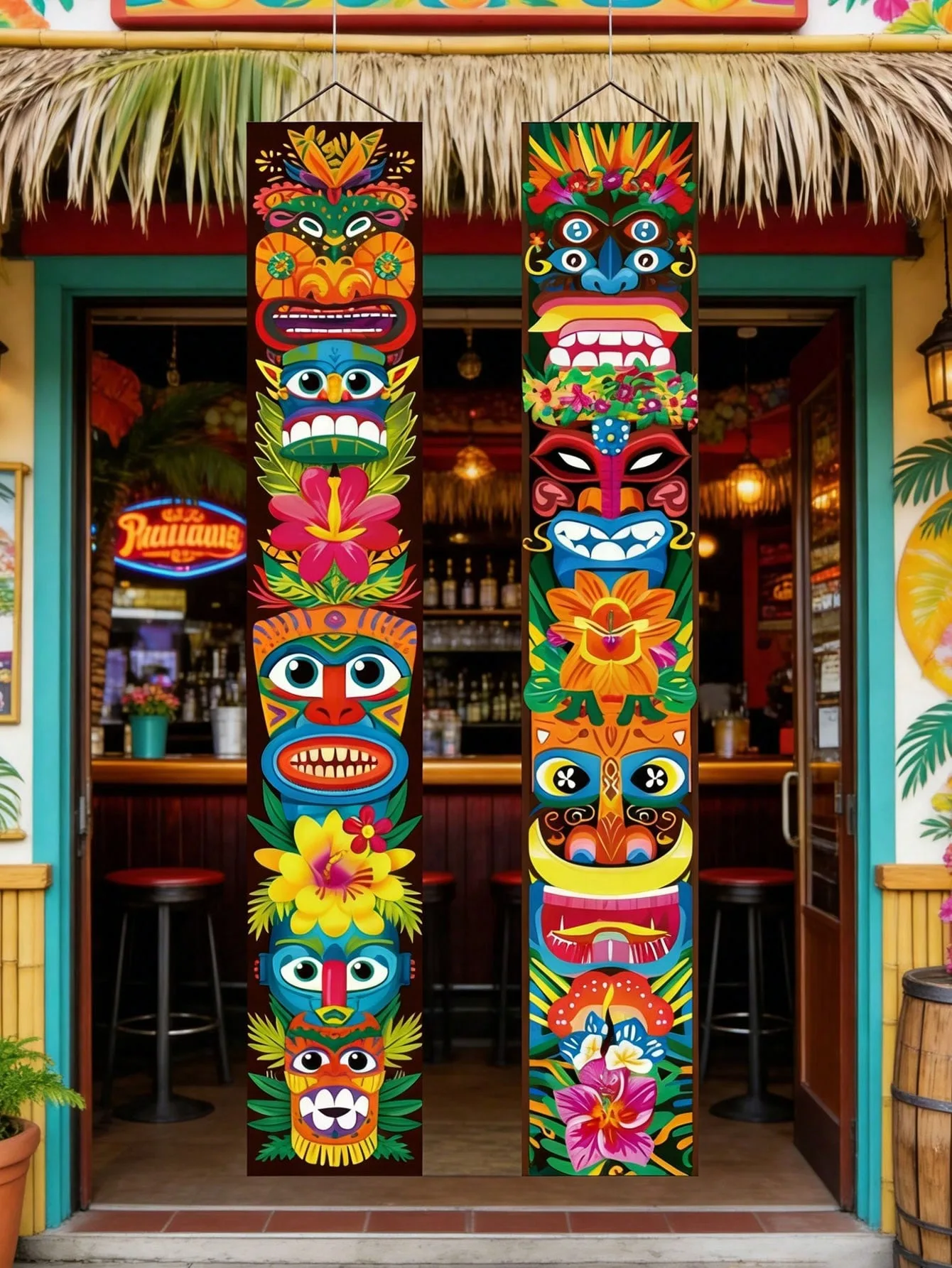 Tiki-Türbanner, hawaiianisches Party-Hängeschild, Partydekoration für Aloha-Tropen-Hintergrund, Heim- und Outdoor-Party-Deko Image