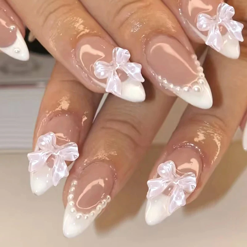 ARTAUG 24 Stück Mittellange Aufklebenägel Stiletto Rosa Schleifenknoten Fingerspitzen-Französisch-Trim Süße Künstliche Nägel Puder Vollständige Abdeckung Künstliches Nagelset Image