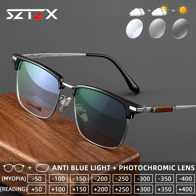SZTZX Vintage Reines Titan Runde Photochrome Lesebrille Anti Blau Licht Myopie Gläser Progressive Rezept Brillen Image