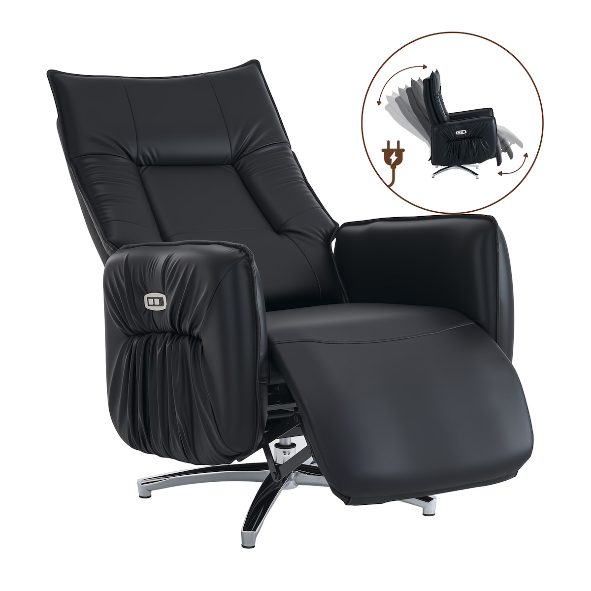 Home Nature Wohnkonzept Elektrischer Relaxsessel Fernsehsessel elektrisch mit Fußstütze verstellbare Rückenlehne Kunstleder Schwarz Sternfuß Silber Image