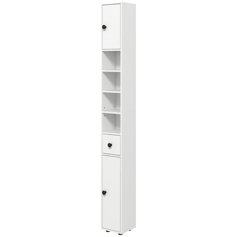 OKWISH Hochschrank aus Holz in Weiß, schmal, 180 x 20 x 20 cm, mit Schublade und 4 offenen Fächern Image