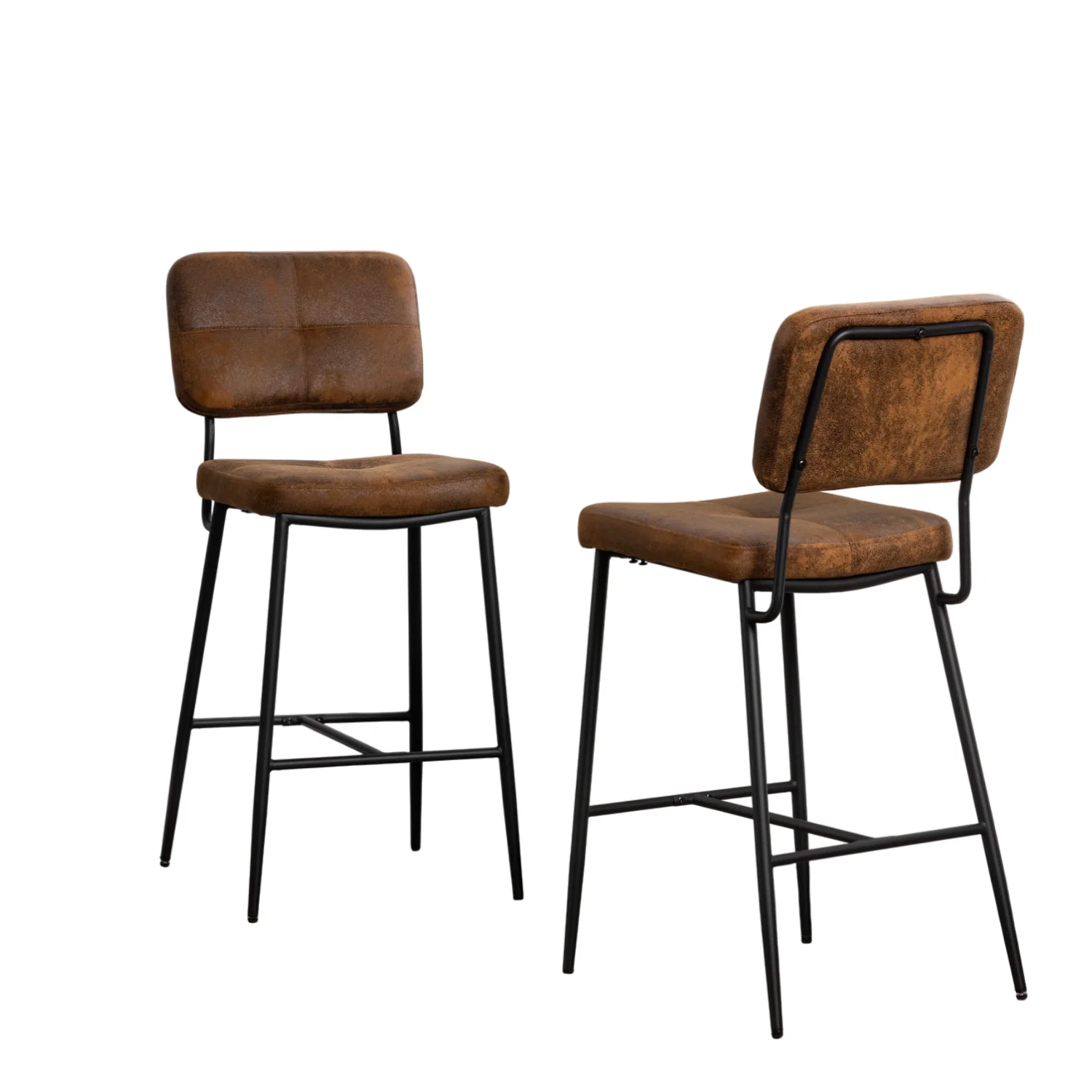 2 Barhocker, aus braunem Wildlederstoff, Metallstruktur, im Industriestil, mit Fußstütze, bequemes und stabiles Sitzen, für Küche oder Hausbar
