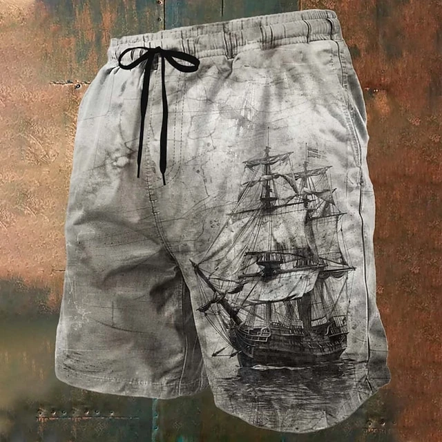 Vintage-Segelboot-Muster, 3D-Druck, Strandshorts für Herren, schnell trocknend, lässige Shorts mit Kordelzug, nautische Boardshorts, Sommerurlaub Image