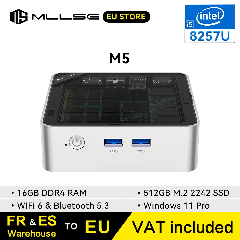 MLLSE M5 Mini-PC, Intel Core i5-8257U Prozessor, 16 GB DDR4-RAM, 512 GB SSD, Wi-Fi 6, Bluetooth 5.3, Windows 11 Pro. Image