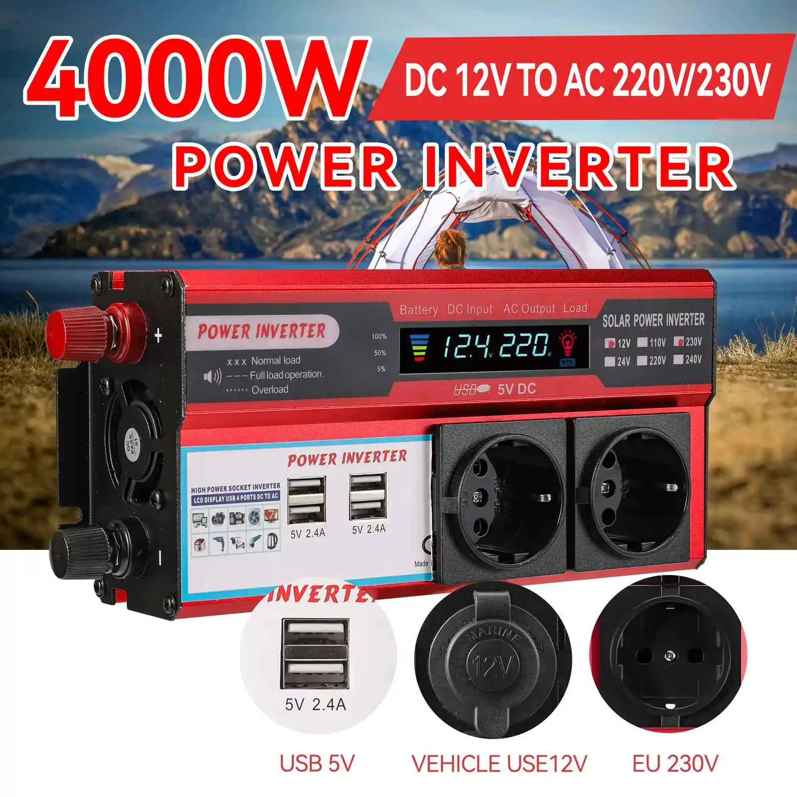 3000W/4000W Stromwechselrichter, DC 12V zu AC 220V/230V Konverter mit 4 USB-Anschlüssen, EU-Steckdosen & LED-Digitalanzeige Image